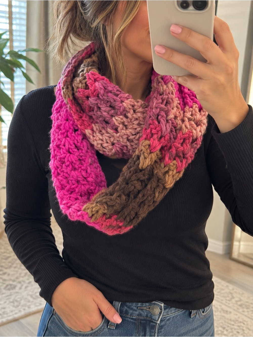 Handmade Crochet Infinity Scarf Pink Brown Chunky Boho